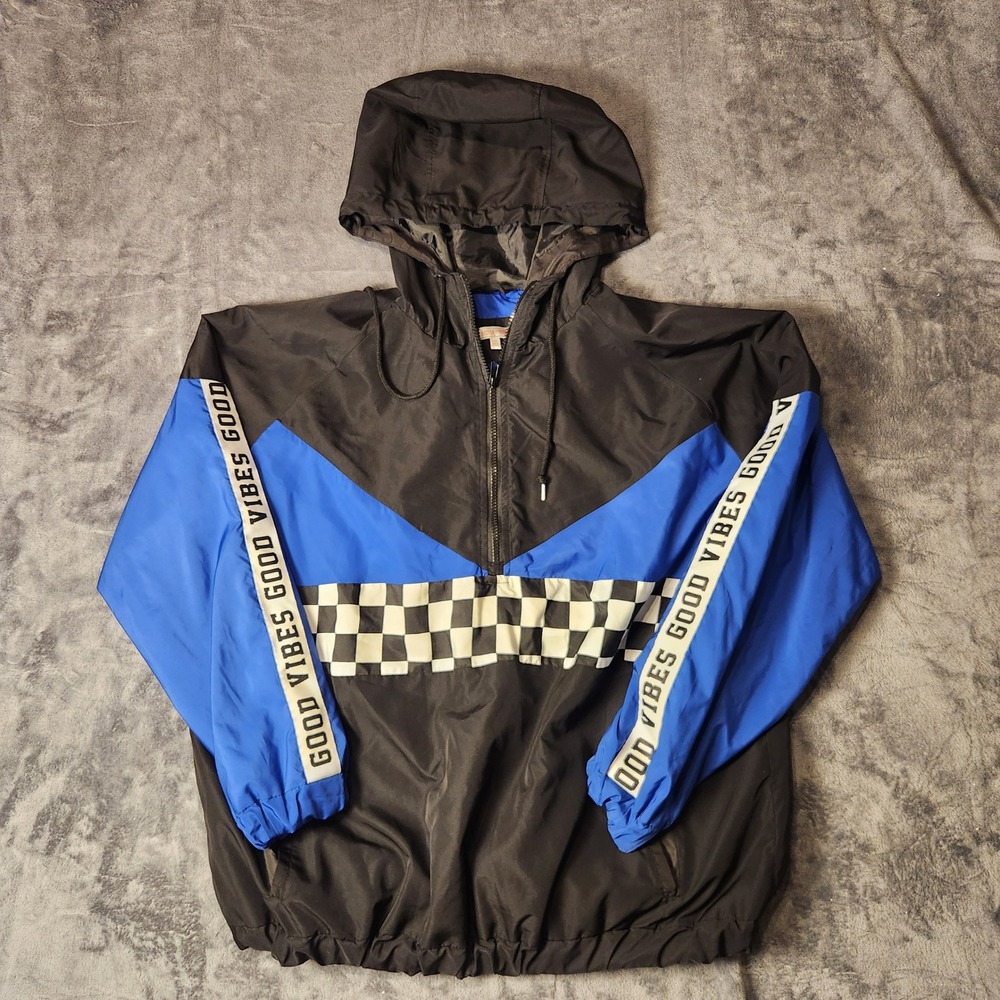 Stella Tweed Mens 2X Windbreaker Jacket Black Blue Checkered Good Vibes Half Zip
